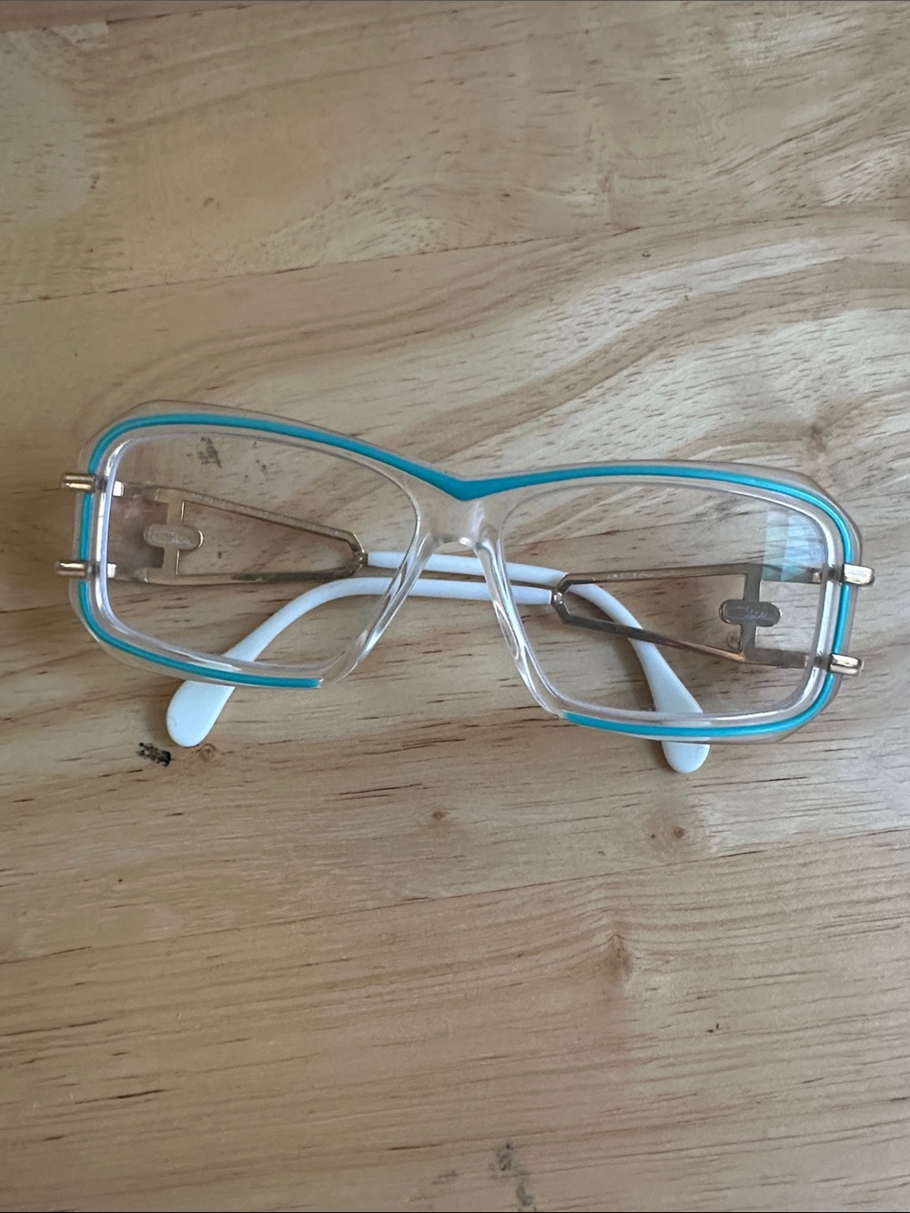 Rare Vintage 1980s Cazal Clear Frames with Teal Trim and Gold Metal Temples